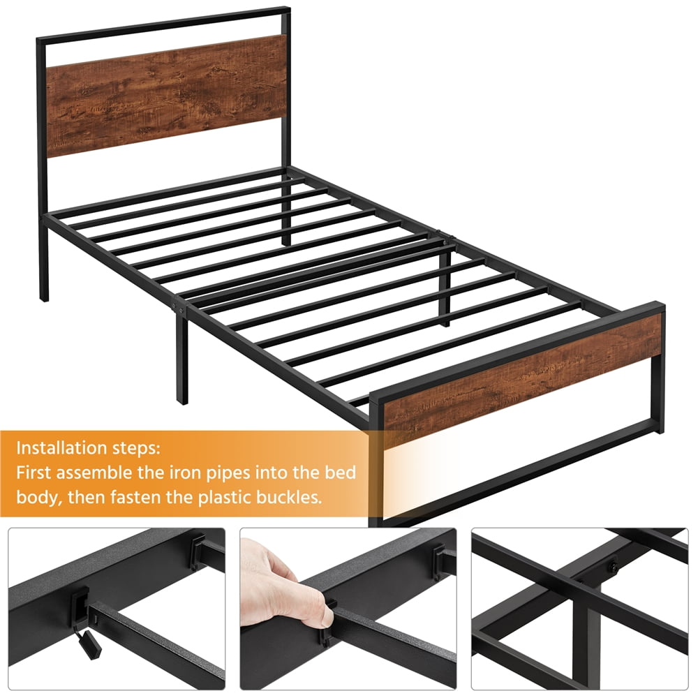 Topeakmart Rustic Metal Bed Frame Slatted Bed Base with Wooden Headboard and Footboard, Twin
