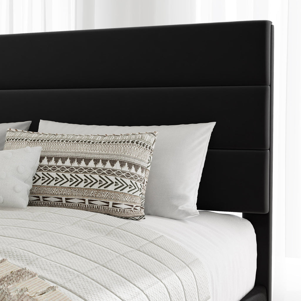 Allewie Queen Size Platform Bed Frame with Velvet Upholstered Headboard and Wooden Slats Support, No Box Spring Needed, Black
