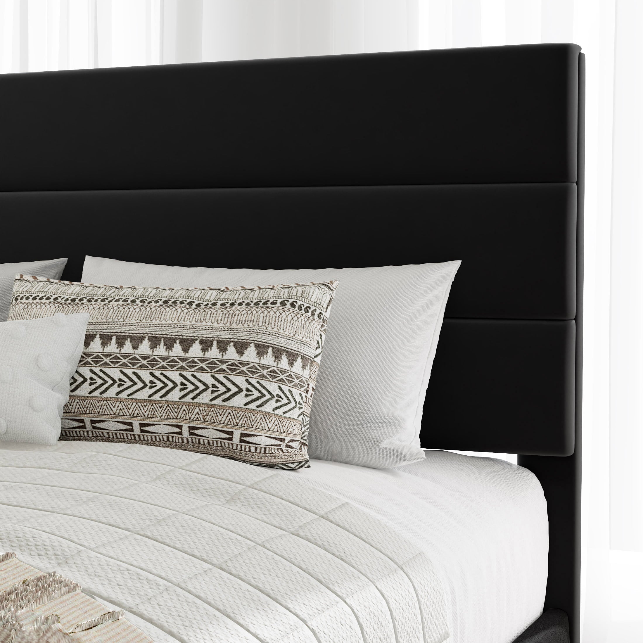 Allewie Queen Size Platform Bed Frame with Velvet Upholstered Headboard and Wooden Slats Support, No Box Spring Needed, Black