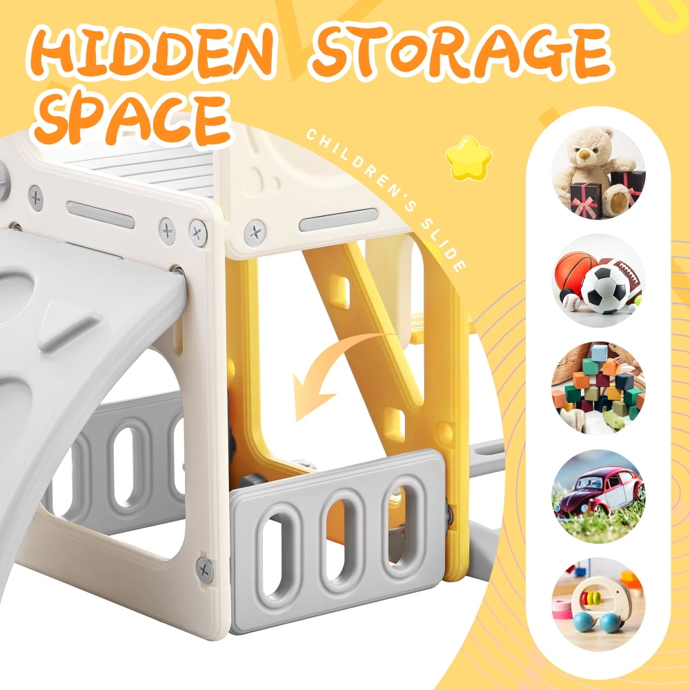 GERI 5 in 1 Toddler Slide, Climber Slide for Toddlers Age 1-5, Outdoor Indoor Playset for Toddlers with Basketball Hoo, Storage Space, Yellow