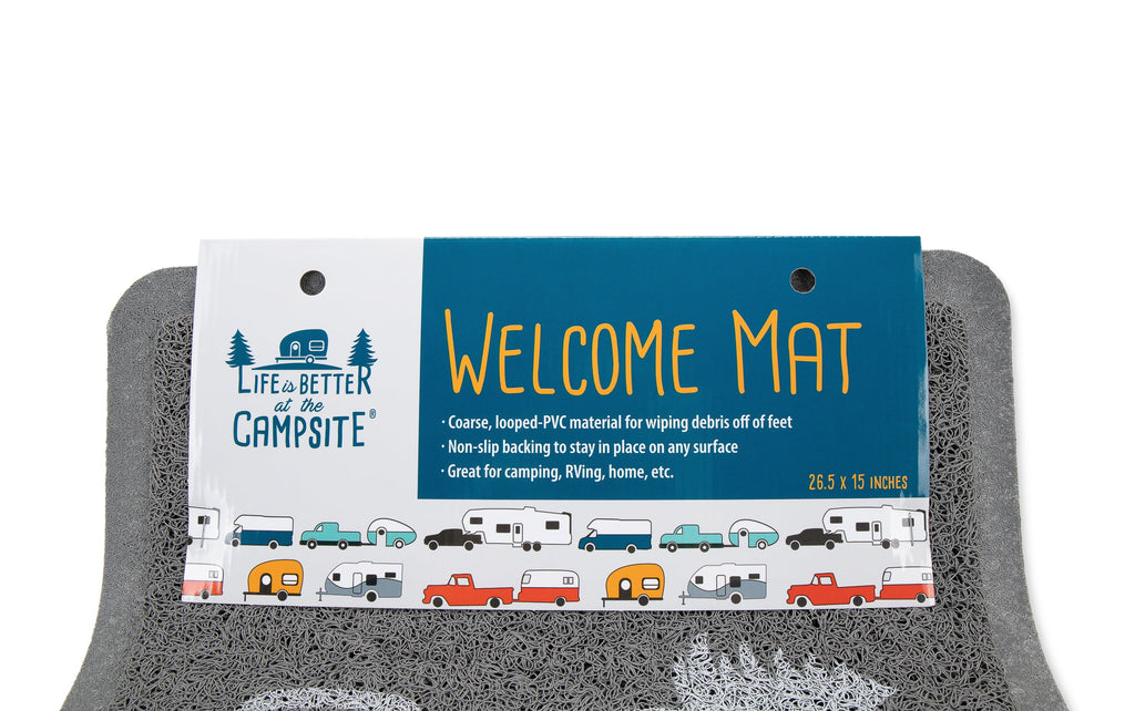 Camco Life is Better at The Campsite Camper/RV Scrub Rug/Door Mat | Looped PVC, Gray and White (53197)