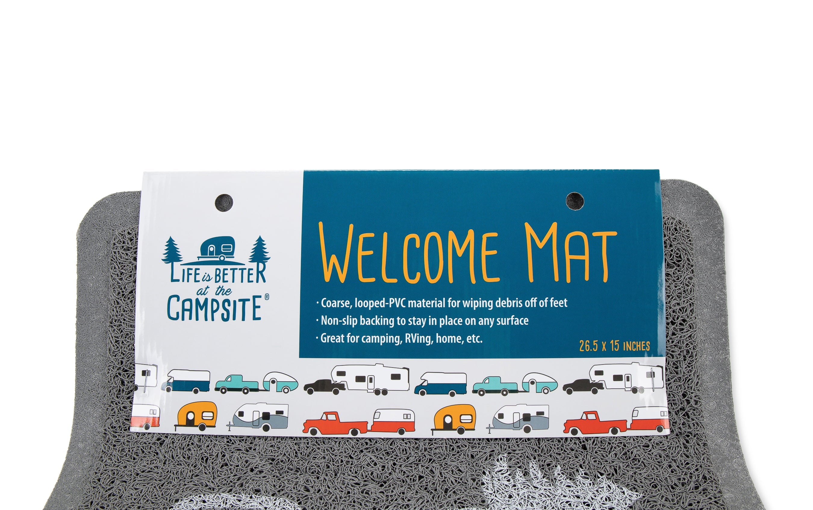 Camco Life is Better at The Campsite Camper/RV Scrub Rug/Door Mat | Looped PVC, Gray and White (53197)