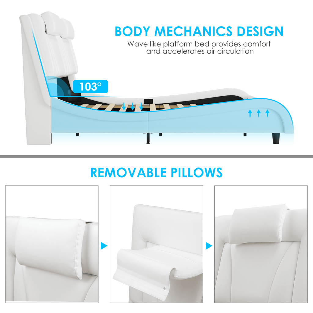 Homfa Queen Size LED Bed Frame, PU Leather Curved Upholstered Platform Bed with Adjustable Headboard and Pillow, White