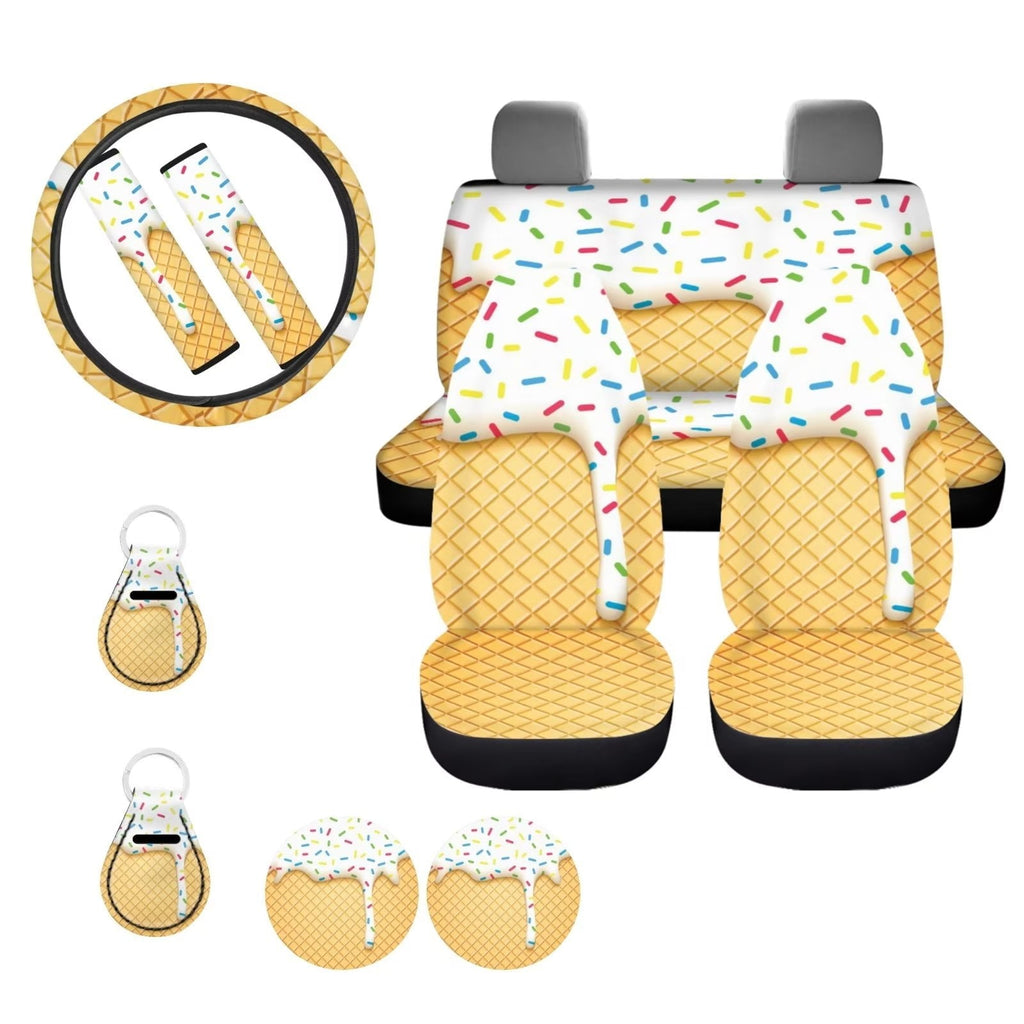 Binienty Yellow Car Seat Covers for Women with 1 Steering Wheel Cover,SUV/Van Ice-cream Cone 4 Seat Cover Interior Accessories,2 Keychain,2 Absorbent Cup Coaster,2 Seat Belt Covers Auto Decor