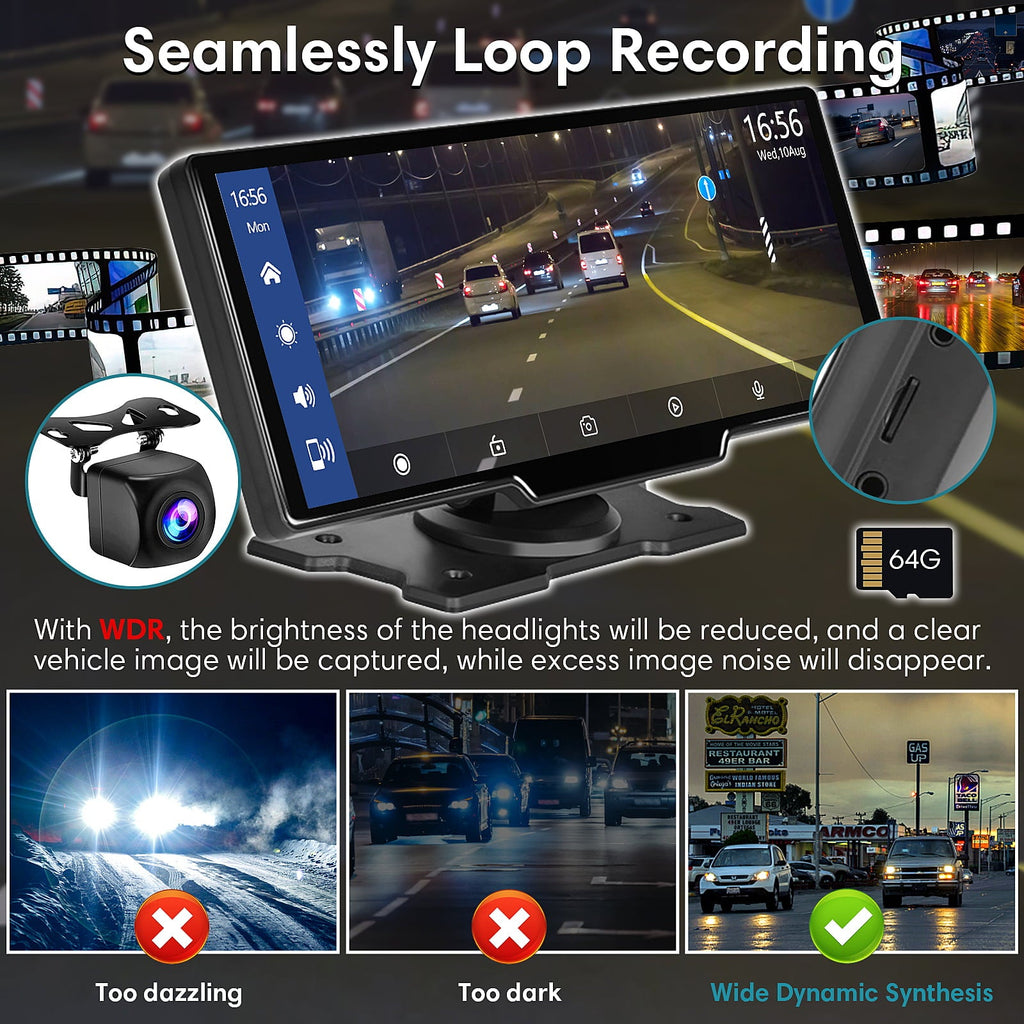Wireless Carplay Android Auto Portable Car Stereo, 64G SD Card, 2.5K Dash Cam, Backup Camera, Bluetooth, GPS Navigation Car Radio, Bluetooth/FM Transmission, 10" Touchscreen Carplay Screen