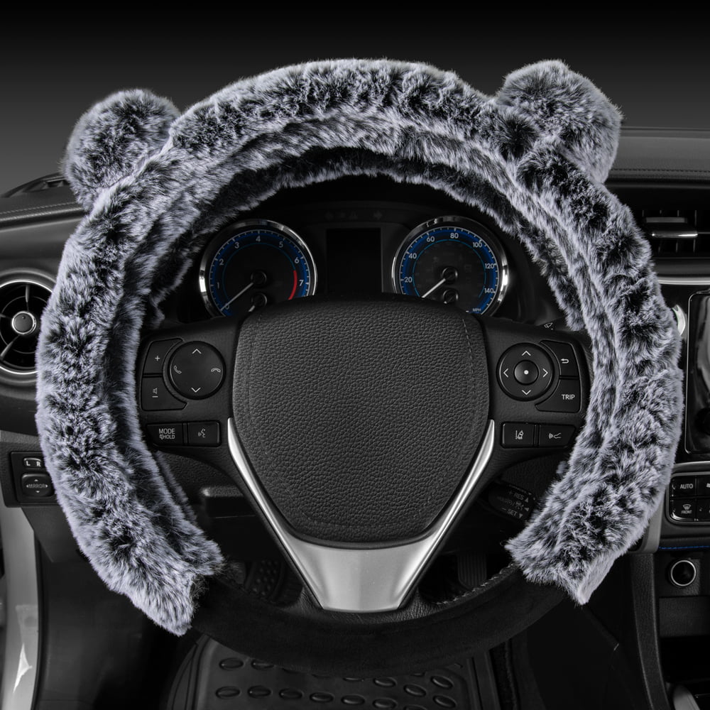 BDK Bear Fur Plush Steering Wheel Cover - Cute Faux Wool Protector Universal Size (Gray - With Ears)