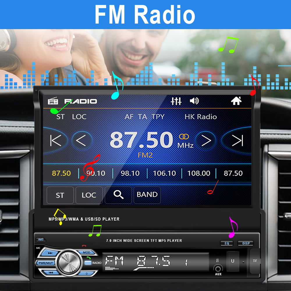 Podofo 1 DIN 7" HD Retractable Car Stereo Car Radio with Bluetooth Touch Screen Single Din Car MP5 Player Monitor SD FM USB with 4 LED Rear View Camera