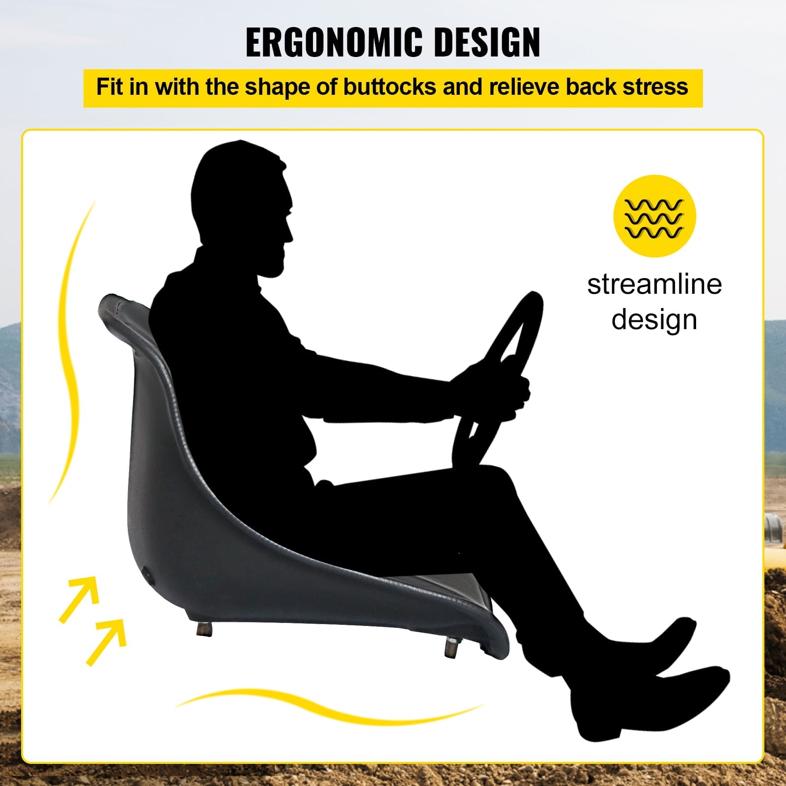 VEVOR Universal Tractor Seat, Compact High Back, Black PVC Lawn and Garden Mower Seat Replacement, Two Drain Holes Steel Frame Forklift Seat, Compatible with Forklift, Excavator, Mower