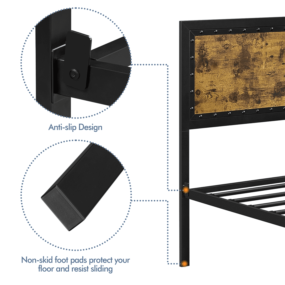 Topeakmart Industrial Metal Bed Frame with Wooden Headboard and Footboard, Queen Size, Rustic Brown
