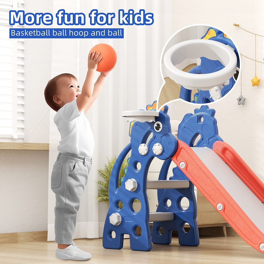 KORIMEFA Toddler Slide Kids Slide with Basketball Hoop for Baby, Backyard Baby Playground Kids Slide, Freestanding Baby Climber Playset Indoor Slide Toys, Slide for Toddlers Age 1-3 Boys Girls, Blue