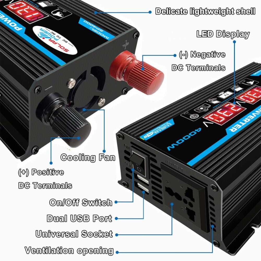 MDHAND Modified Sine Inverter High Frequency 1500W Peak Power Watt Power Inverter DC to AC Converter Car Power Inverter with 2.1A Dual USB Port Battery Clips Display Screen