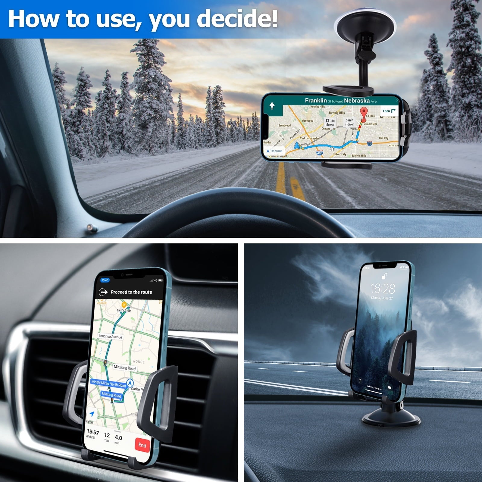 3 in 1 Car Phone Holder Mount | Car Air Vent Holder & Dashboard Mount & Windshield Mount | Phone Mount for Car | Universal For All Smartphones & Tablets | iPhone 12 11 X XR 7/7 Plus, Samsung Galaxy S