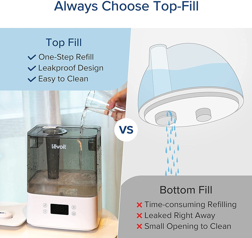 Levoit Cool Mist Humidifier for Room, Smart Top Fill with Nightlight, 6L,Gray