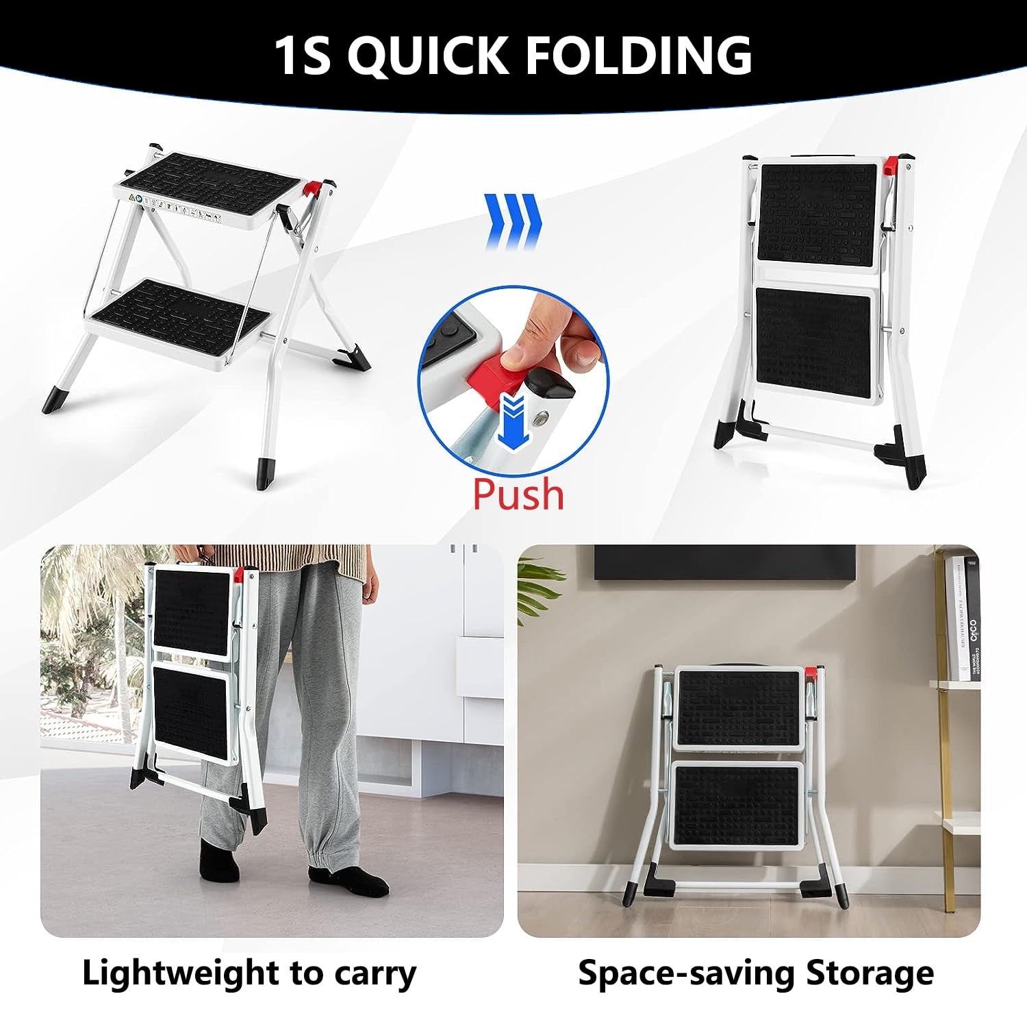 PHANCIR 2 Step Stool Ladder, 330 Lbs Capacity Folding Step Stool for Adults with Anti-Slip Pedals Large Foot Pads, Heavy Duty Steel Sturdy Portable Step Stool Ladder for Kitchen, Household, Office