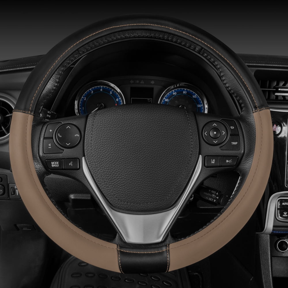 CATERPILLAR Two Tone Ergonomic Soft Leather Grip Steering Wheel Cover - Strong, Durable and Comfortable Universal Size 14.5-15.5" (Dark Gray / Black)