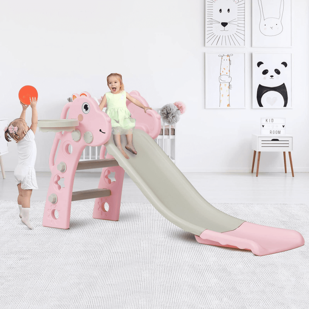 KINSUITE 3 in 1 Toddler Slide Kids Climbe Slide Set with Basketball Hoop Pink