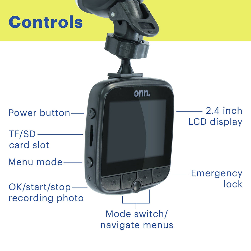 onn. 1080p HD Black Car Dash Cam, 2.4" LCD Screen, 110 Degree Vision Angle, Play Video Recordings, 0.5 lb.