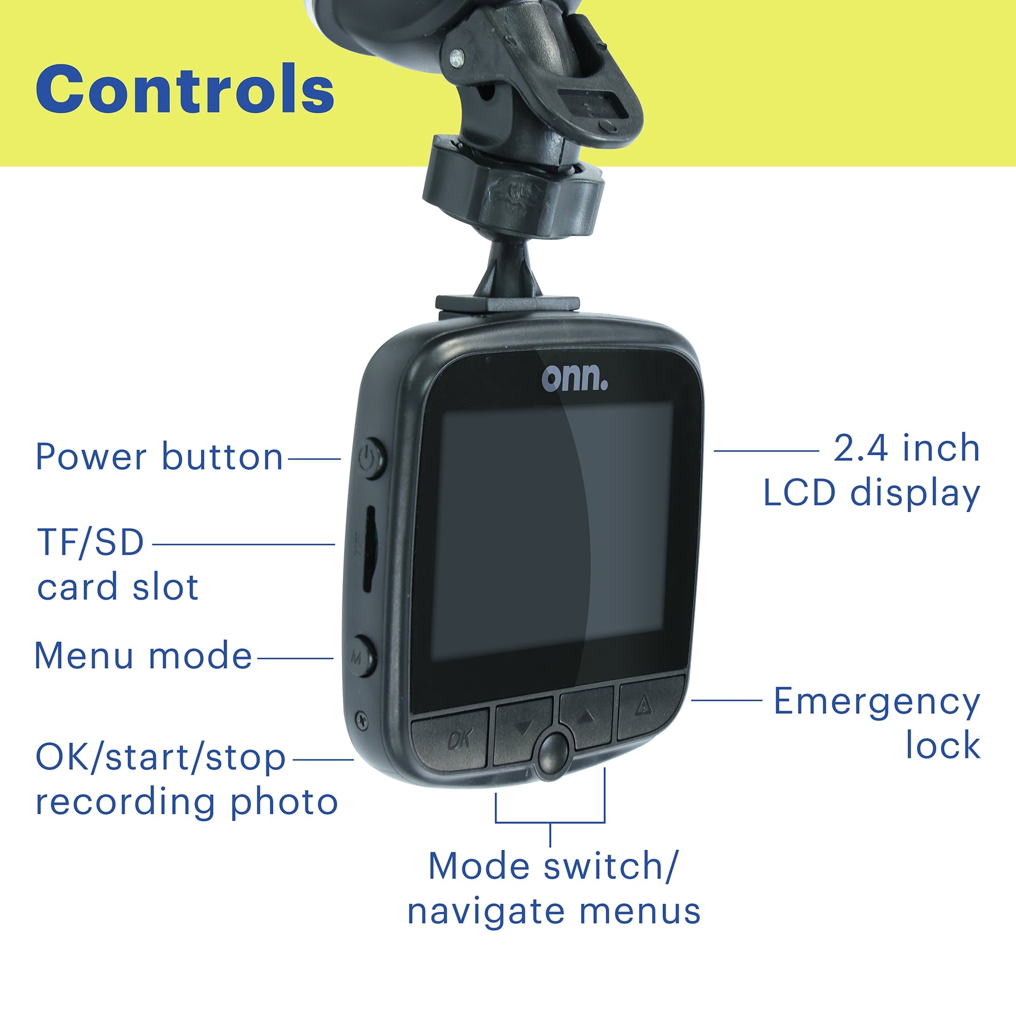 onn. 1080p HD Black Car Dash Cam, 2.4" LCD Screen, 110 Degree Vision Angle, Play Video Recordings, 0.5 lb.