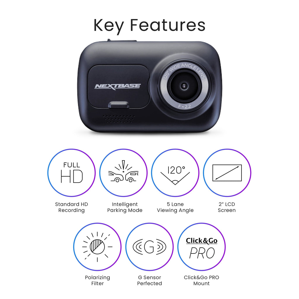 Nextbase DVR122 Compact Dash Cam in Black 122-720p HD 30 FPS HD IPS Screen, 5 Layer Lens, Intelligent Parking Mode, Loop Recording, Click and Go PRO, Night Vision, 0.90 lbs assembled.