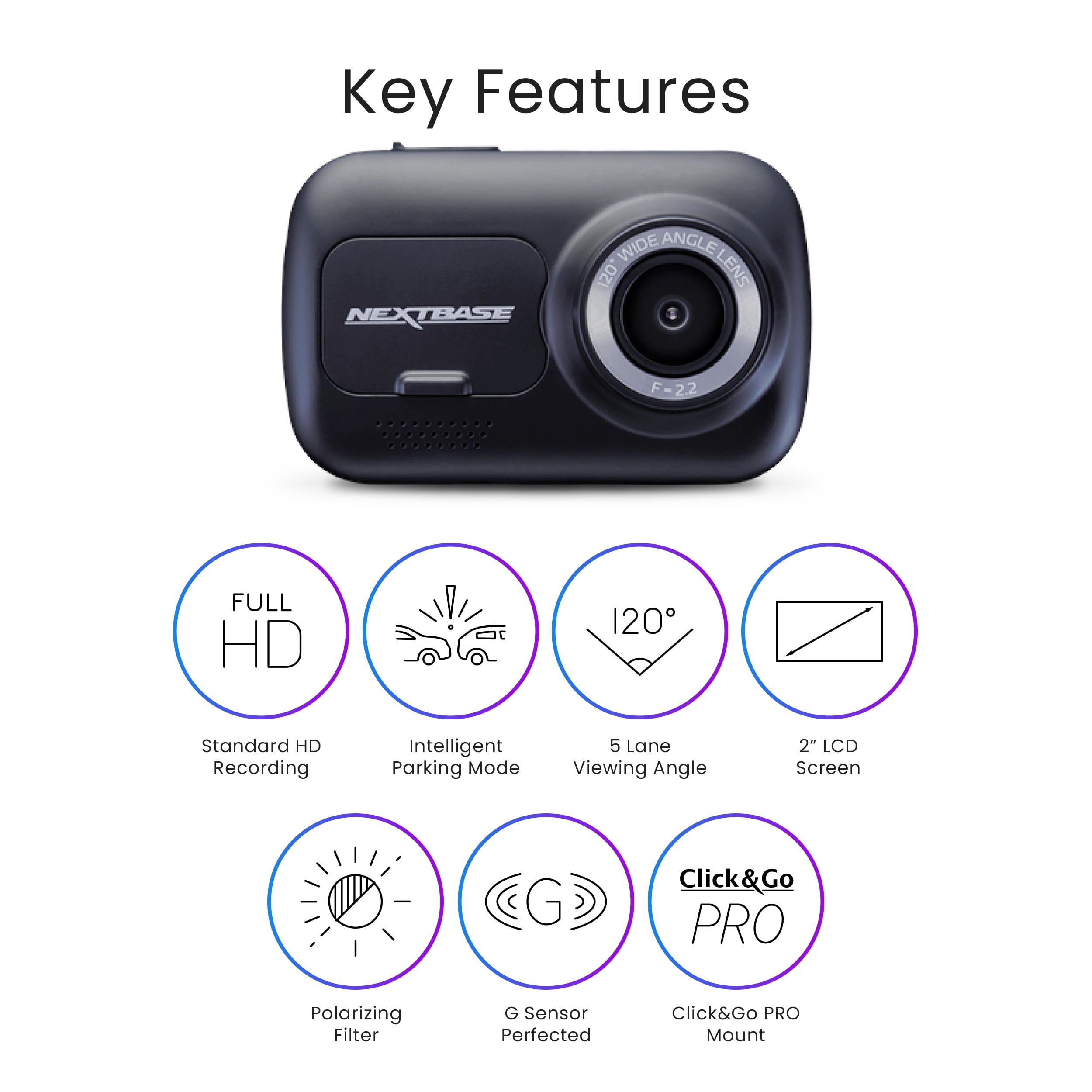 Nextbase DVR122 Compact Dash Cam in Black 122-720p HD 30 FPS HD IPS Screen, 5 Layer Lens, Intelligent Parking Mode, Loop Recording, Click and Go PRO, Night Vision, 0.90 lbs assembled.