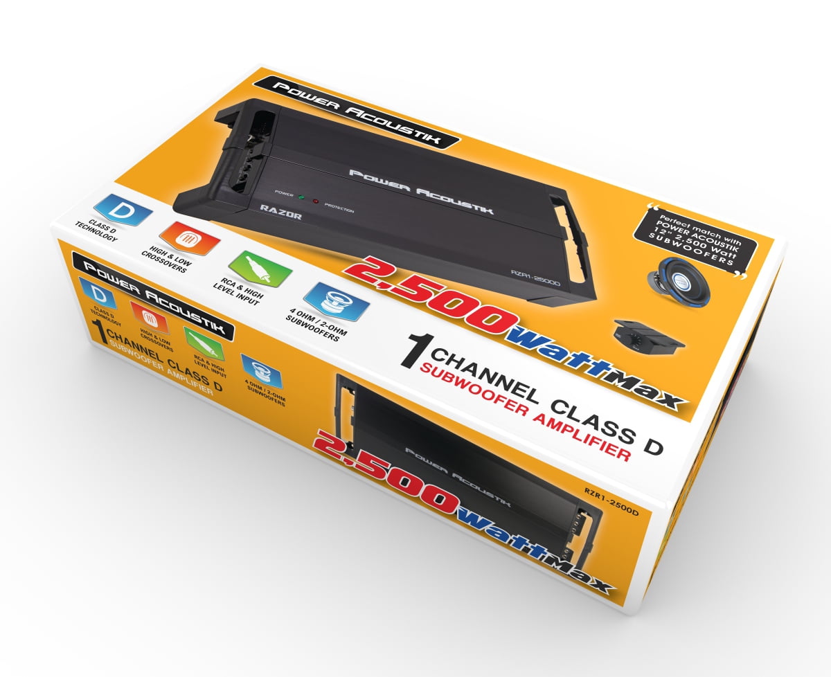 Power Acoustik RZR1-2500D Amplifier | RAZOR Series Subwoofer 1-Channel Amplifier | 2 Ohm Max Power 2,500 Watts