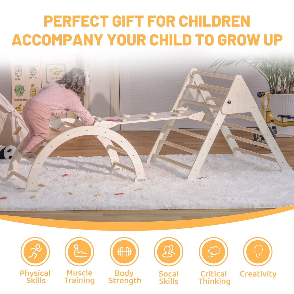 4-in-1 Wooden Pikler Climbing Triangle Foldable Pikler Triangle Ladder with Rock Climbing Ramp and Pikler Arch,Montessori Climber Ladder Slide,Climbing Toys for Toddlers 18m-6yrs
