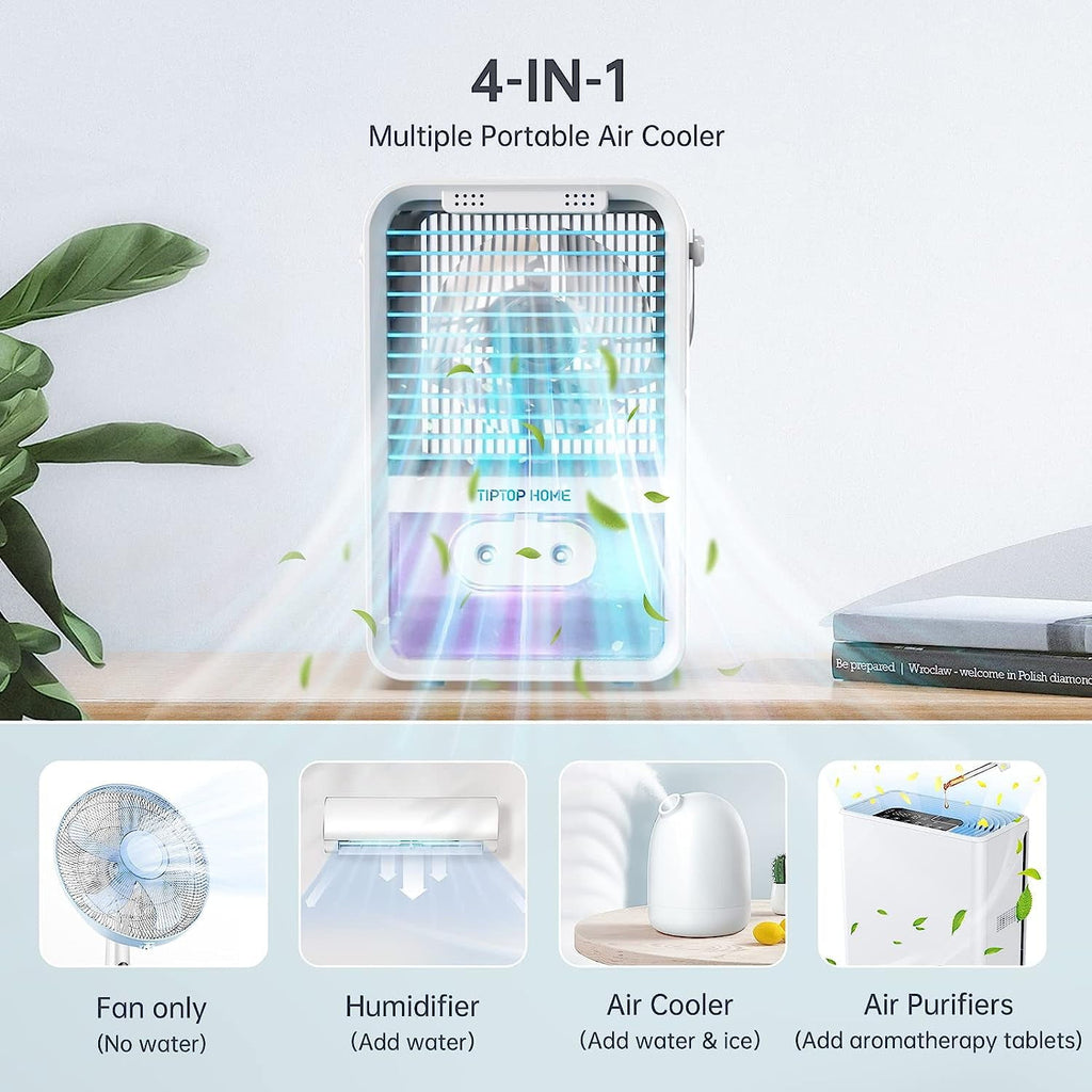 Flend Portable Air Conditioner Fan, Evaporative Air Cooler Humidifier, Small Desktop Cooling Fan with 7-Color LED Light for Room Office Camping, Blue