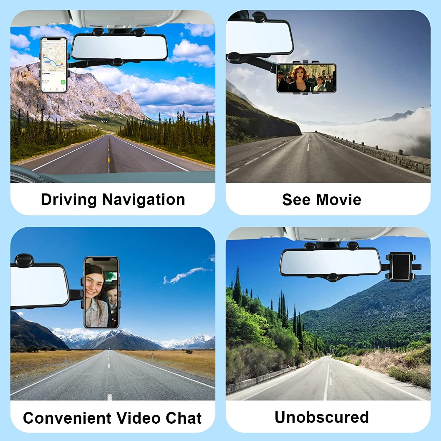 Romanda 360° Rotatable Rearview Mirror Phone Mount for Car, Retractable Universal Car phone Holder Mount for Car Decor, Four Corners Fixed Anti-Shake Design, for All Mobile Phones and All Car
