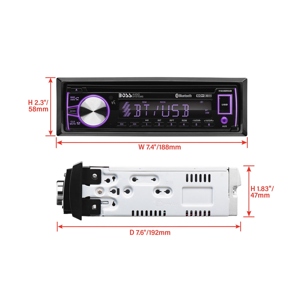 BOSS Audio Systems 750BRGB Car Audio Stereo System - Single Din, Bluetooth Audio and Calling Head Unit, CD Player, USB, AUX Input, AM/FM Radio Receiver, Multi Color Illumination, Hook up to Amplifier