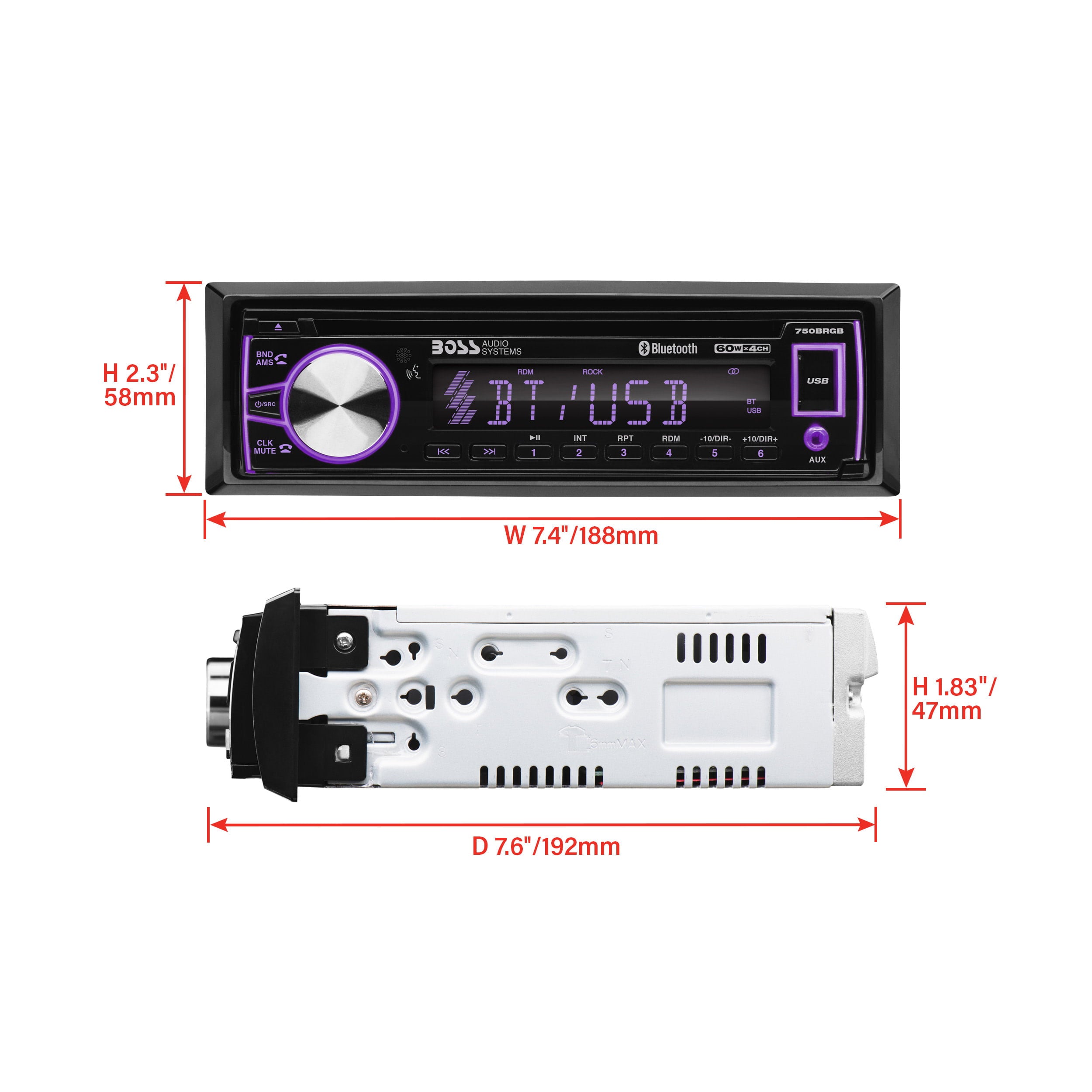 BOSS Audio Systems 750BRGB Car Audio Stereo System - Single Din, Bluetooth Audio and Calling Head Unit, CD Player, USB, AUX Input, AM/FM Radio Receiver, Multi Color Illumination, Hook up to Amplifier