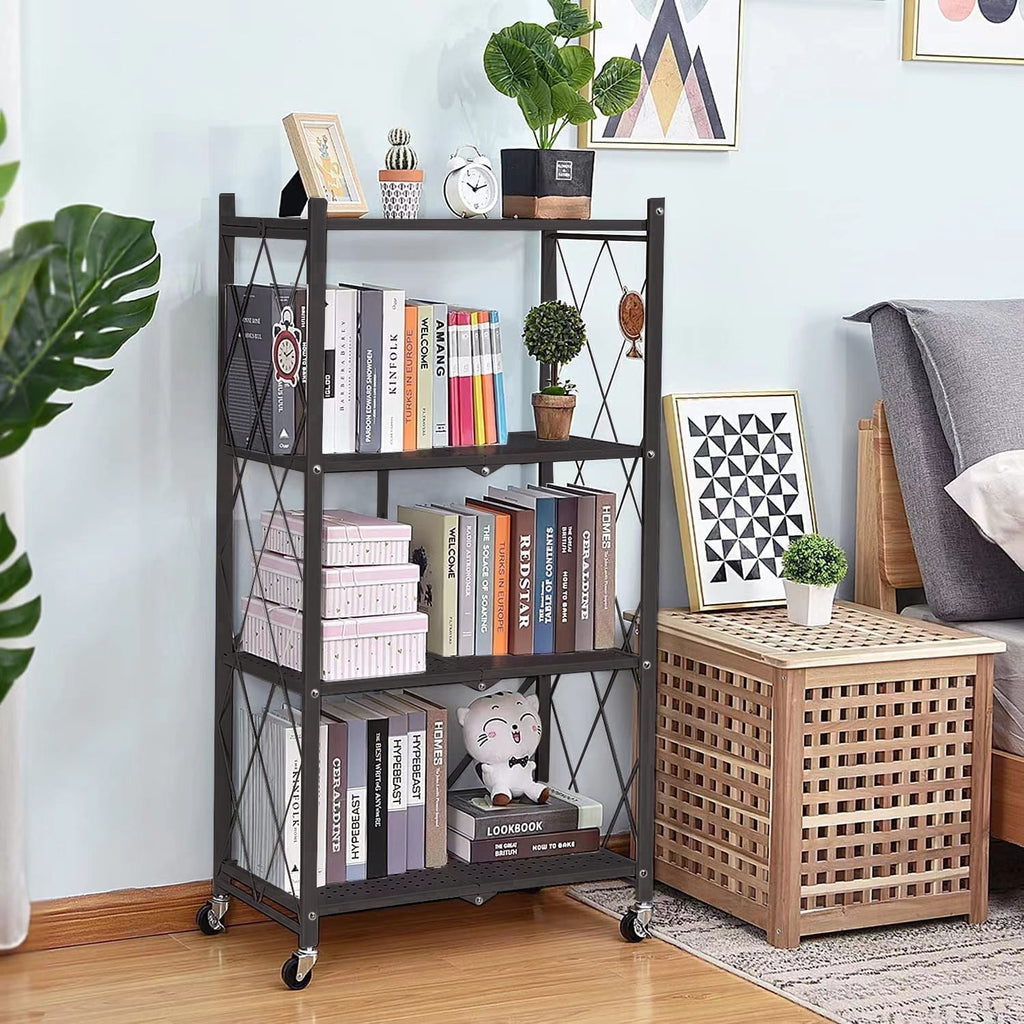 SUGIFT 4-Tier Foldable Storage Shelf, Heavy Duty Metal Shelf, Kitchen Shelf with 3 Hooks, Black