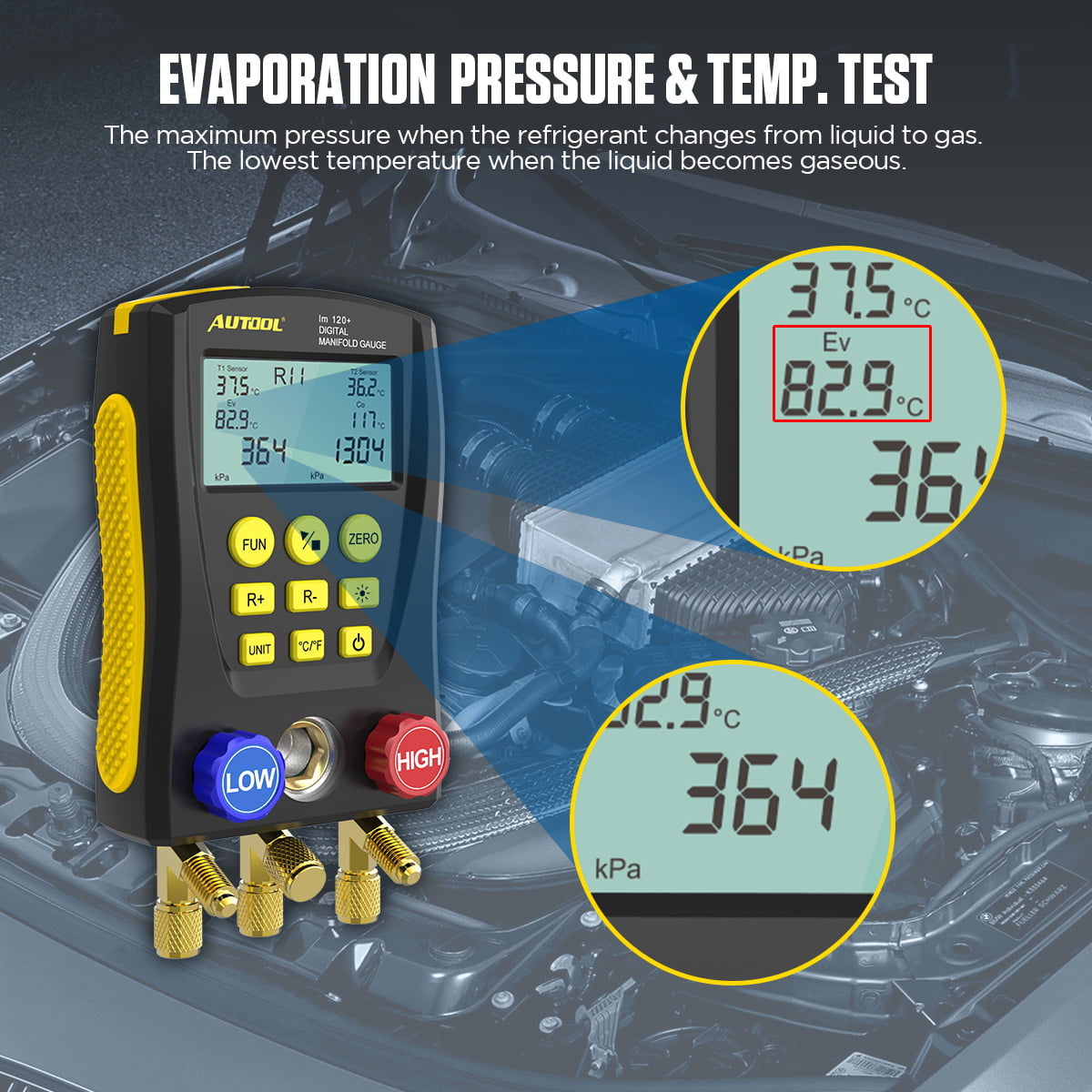 AUTOOL Air-Conditioning R134A Refrigerationt Digital Manifold Gauge Set, HVAC Vacuum Pressure Temperature Tester Kit, Support 89 Kinds Refrigerant HVAC Tools, AC Leak Detector Kit