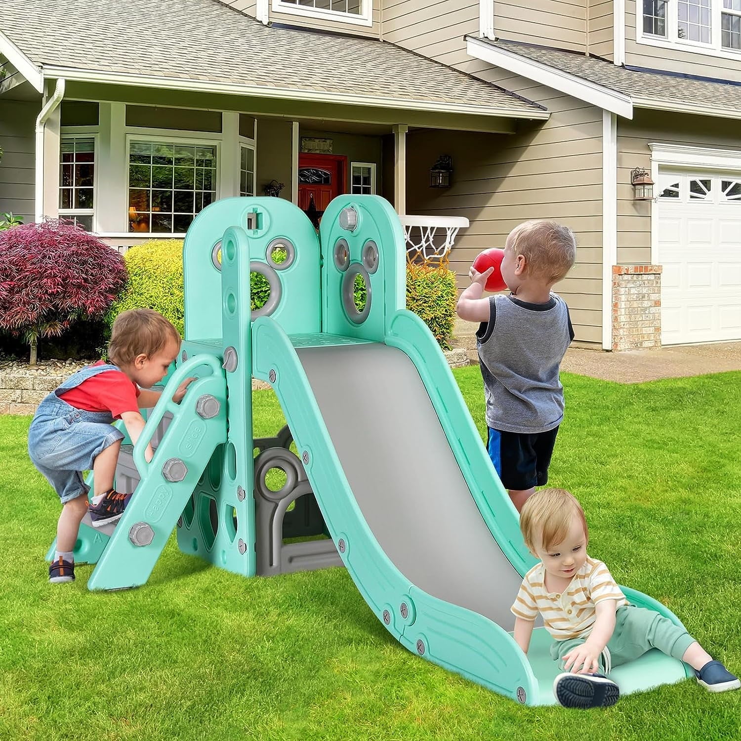 Arlopu Large Kids Slide, 4 in 1 Sturdy Toddler Slide Climber Playset with Basketball Hoop & Ball, Storage Space and Non-Slip Steps, Indoor Outdoor Toy for Children 1 Years +