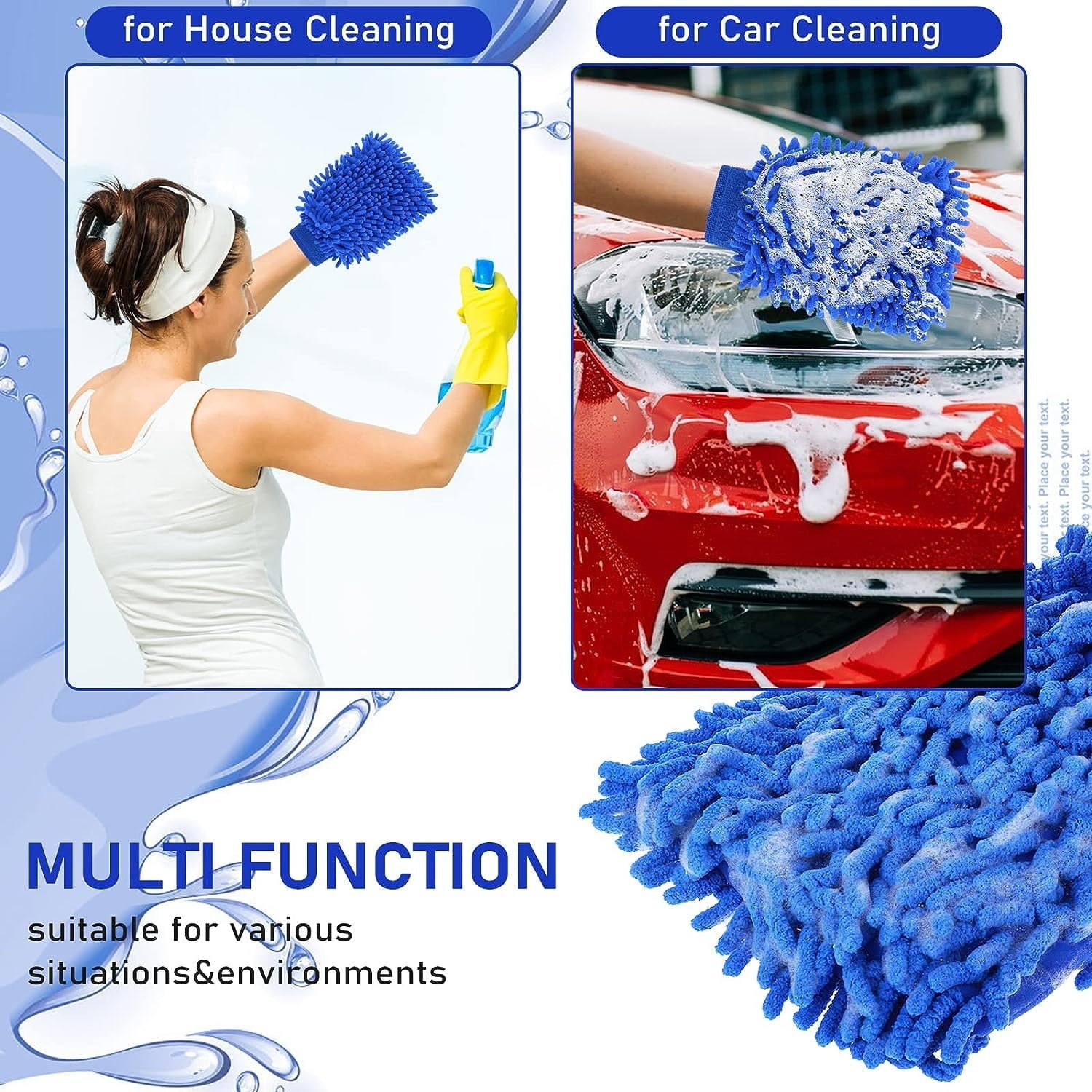 2 PCS Wash Cloths Car Cleaning Supplies Microfiber Towels Brush Wheel Detailing Kit Care Mitt Long Handle Sponge Interior Cleaner Drying Scratch Guard Shampoo Washing Wipes Weave Towel (blue)
