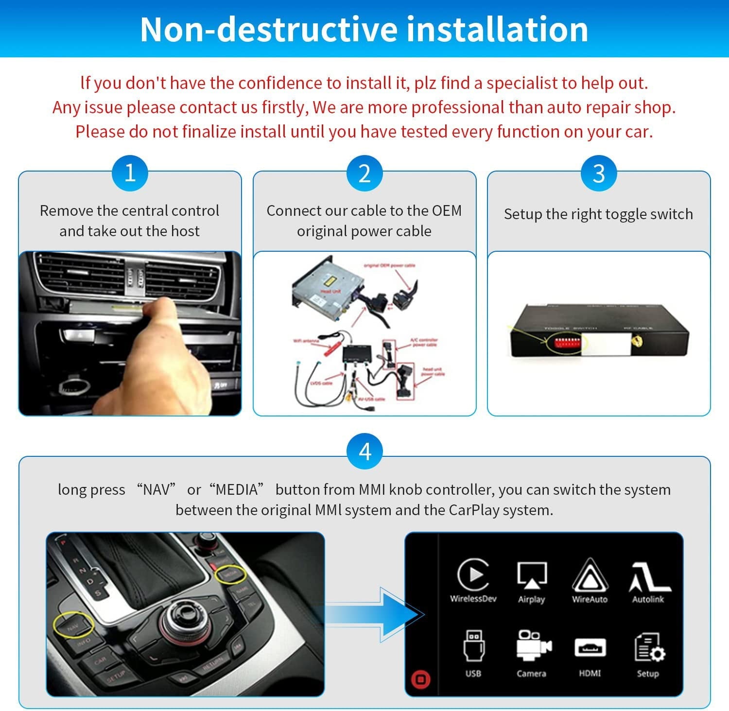 Road Top Wireless Carplay Android Auto Retrofit Kit for Audi A4 A5 S4 S5 RS4 RS5 Q5 2008-2015 with 3GMMI Factory Screen Update, Support Mirrorlink, Siri, Original Control, Camera