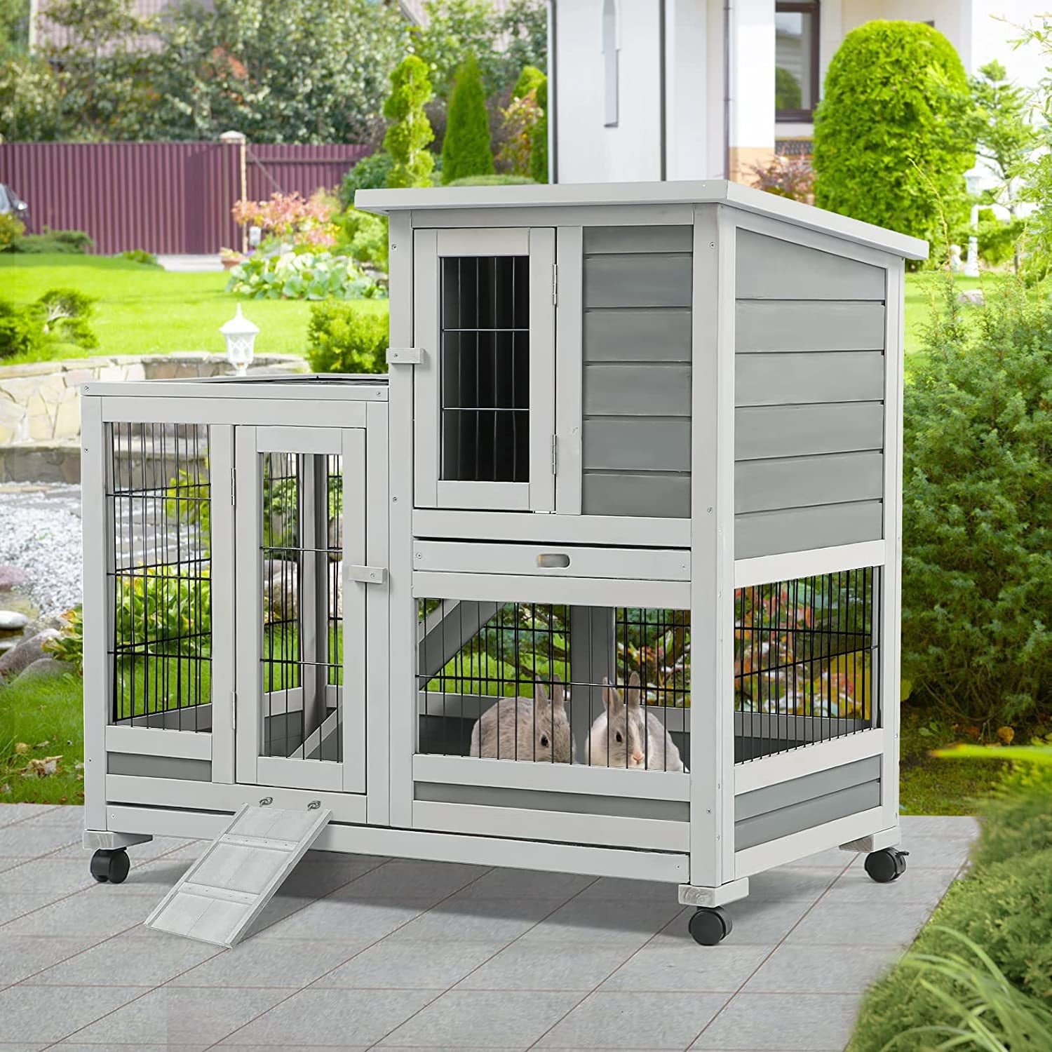 YODOLLA Indoor Rabbit Hutch Bunny Cage Large Pet House for Small Animal with Wheels