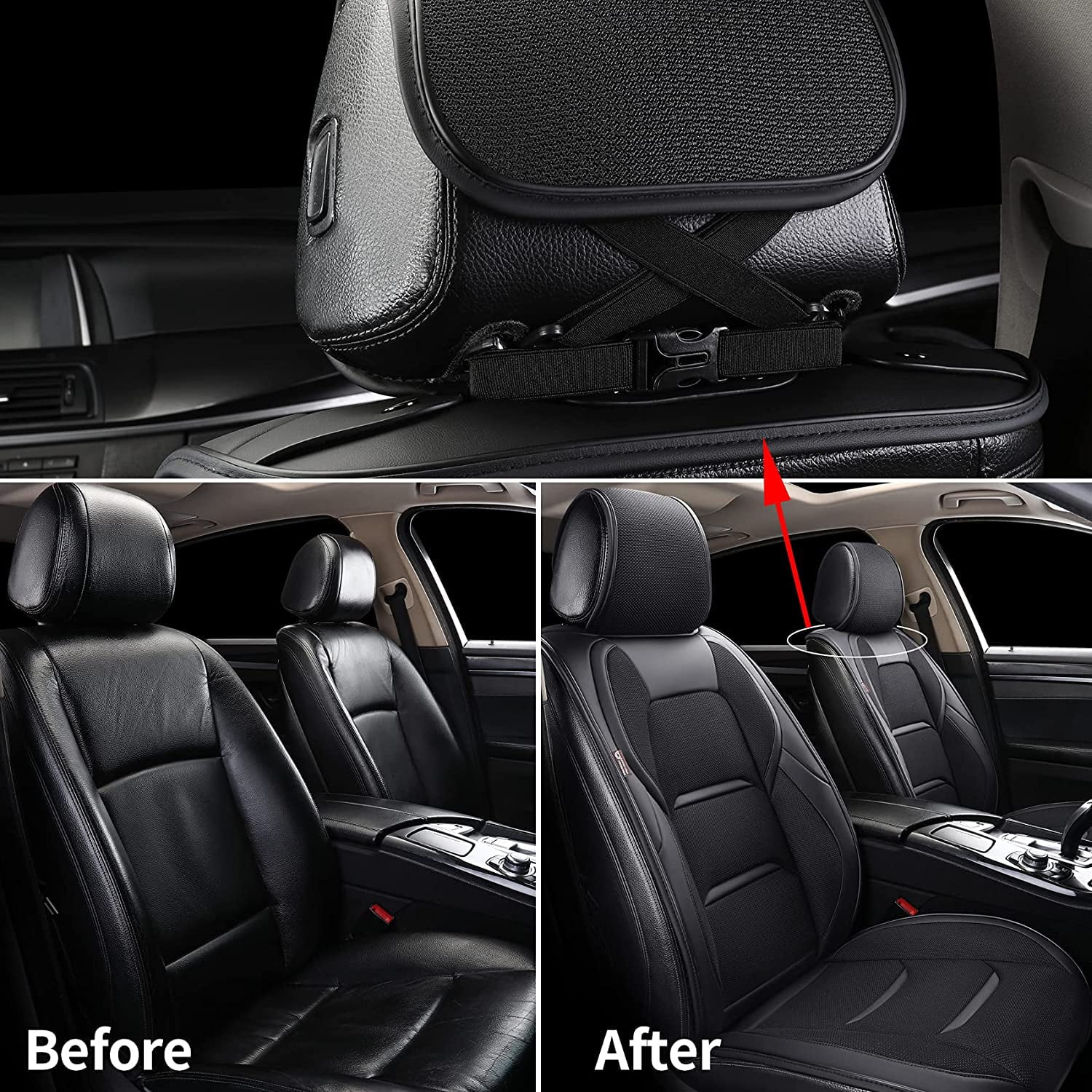 Coverado Front Pair Seat Protector, Breathable Leather & Fabric Car Seat Cushions 2 Pieces, Oval Pattern, Protective Seat Covers Universal Fit Most Vehicles, Sedans, SUVs, Trucks and Vans, Black