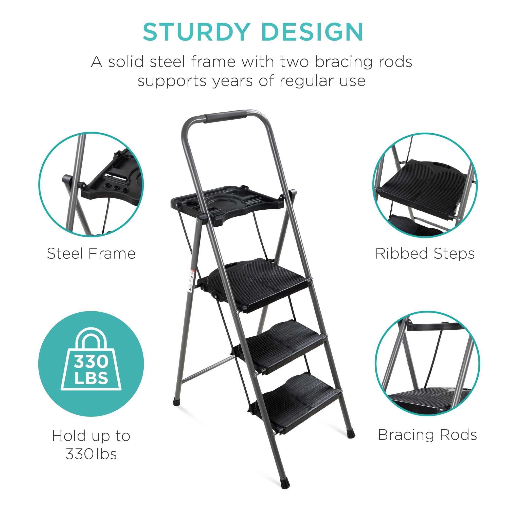 Best Choice Folding Steel 3-Step Stool Ladder Tool Equipment w/ Hand Grip, Wide Platform Steps, 330lbs Capacity