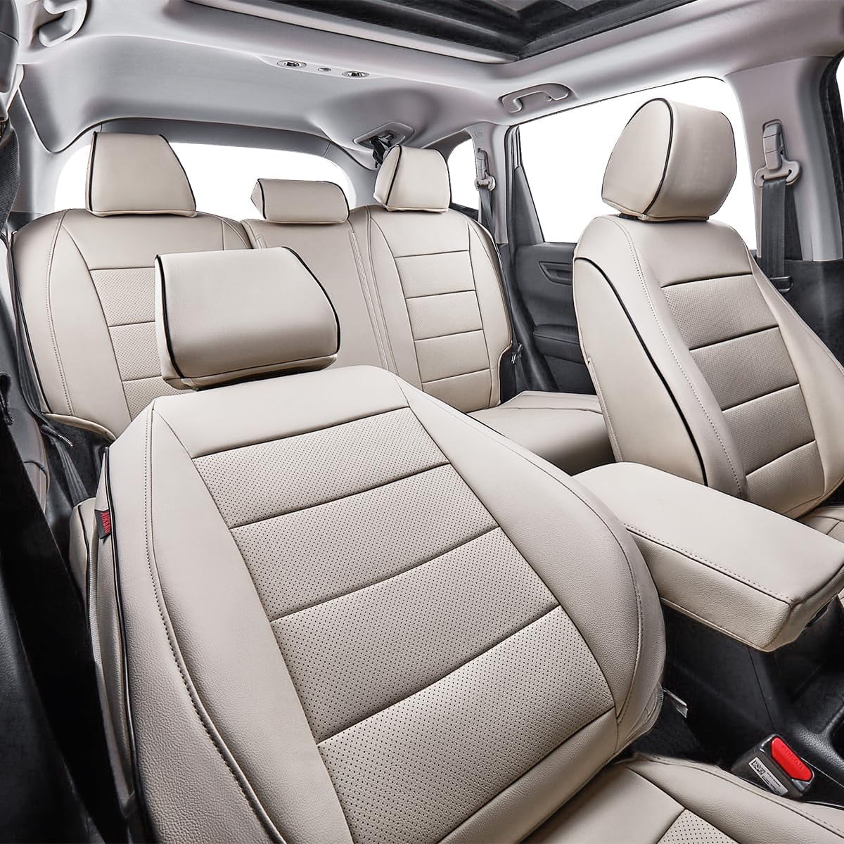 EKR Custom Fit CRV Seat Covers for Honda CRV EX,EXL,Hybrid 2023 2024 - Full Set Breathable Leather Auto Seat Covers(Beige)