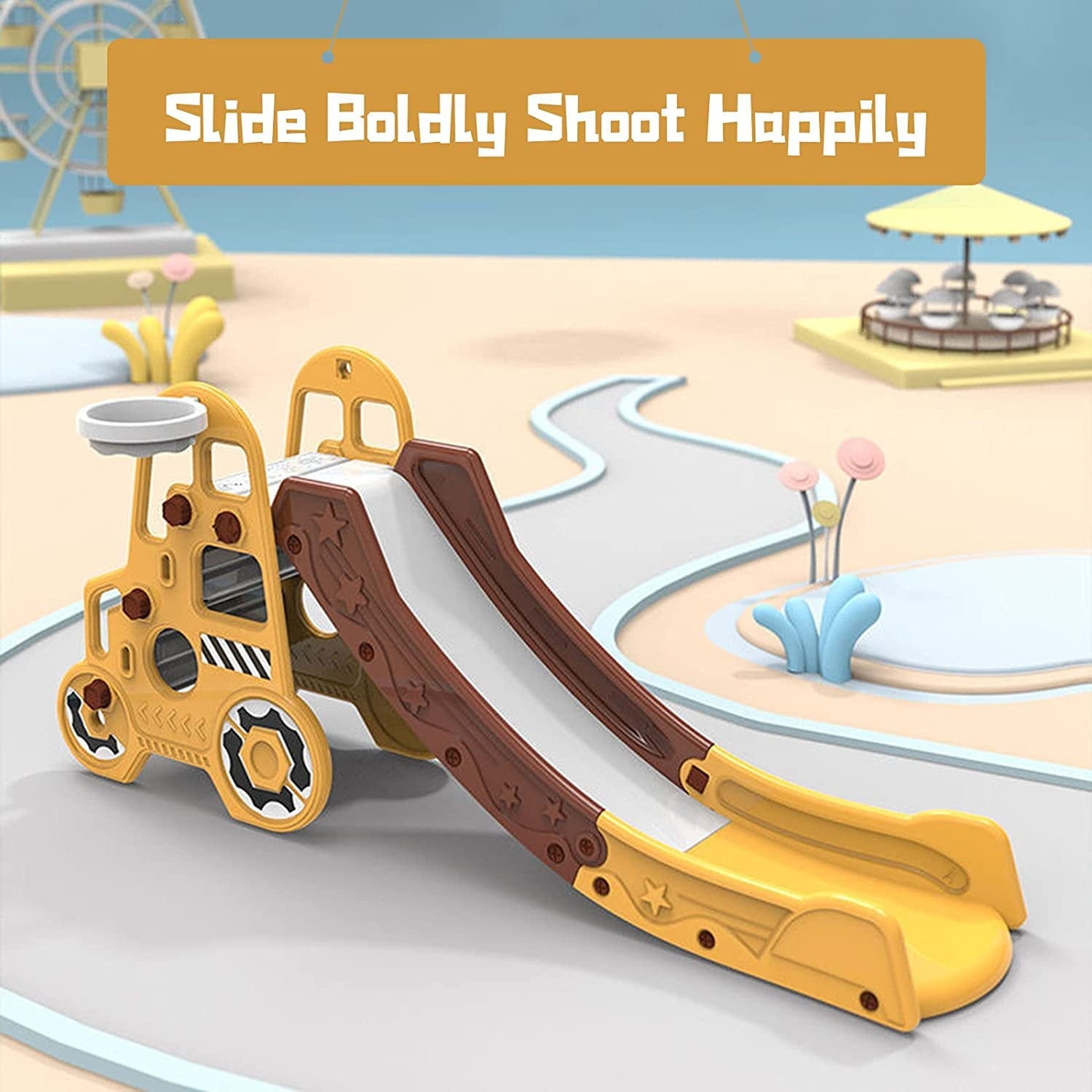 DUKE BABY Kids Slide - Indoor Outdoor Toddler Climbing Toy with Basketball Hoop for Kids Ages 3-5 - Yellow
