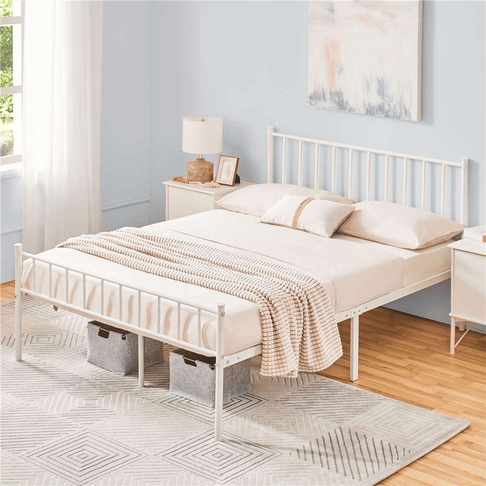 Easyfashion Justin Metal Platform Bed with Spindle Headboard and Footboard, Queen Size, White