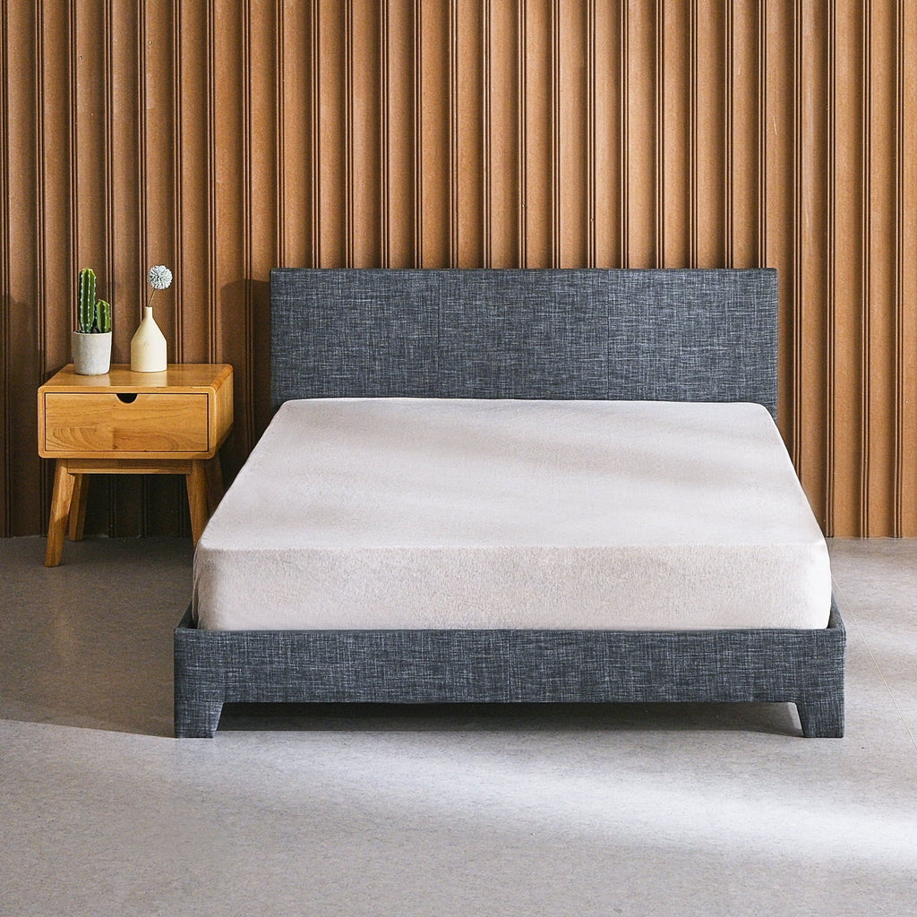 Bestco Sturdy Full Bed Platform with Headboard Steel Frame Wood Slats 635lb Cap, Gray