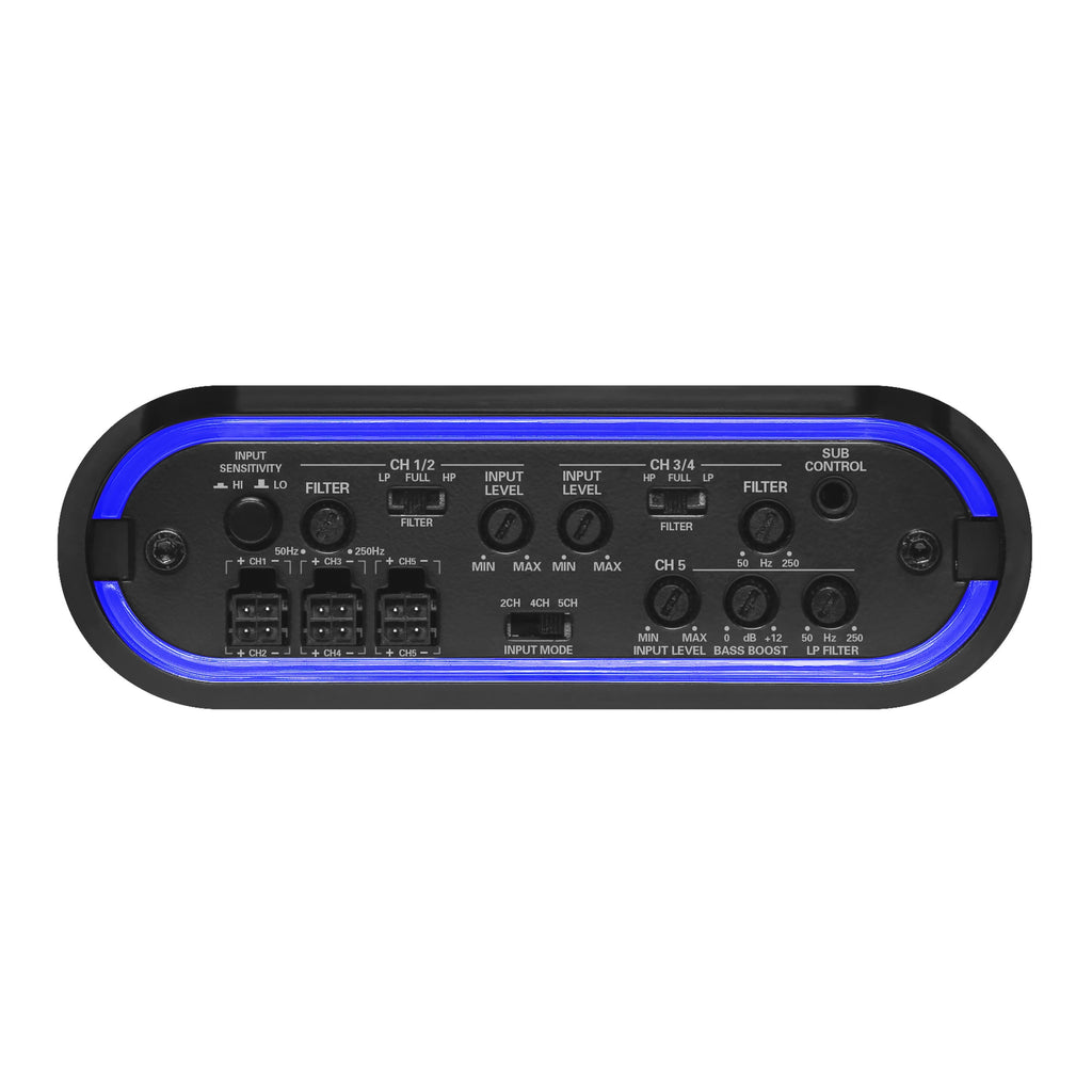 Planet Audio MB2200.5D Mini Bang Series Car Audio Amplifier - 2200 High Output, 5 Channel, Class D, 2 Ohm, Low/High Level Inputs, Low/High Pass Crossover, Full Range, Hook Up To Stereo and Subwoofer
