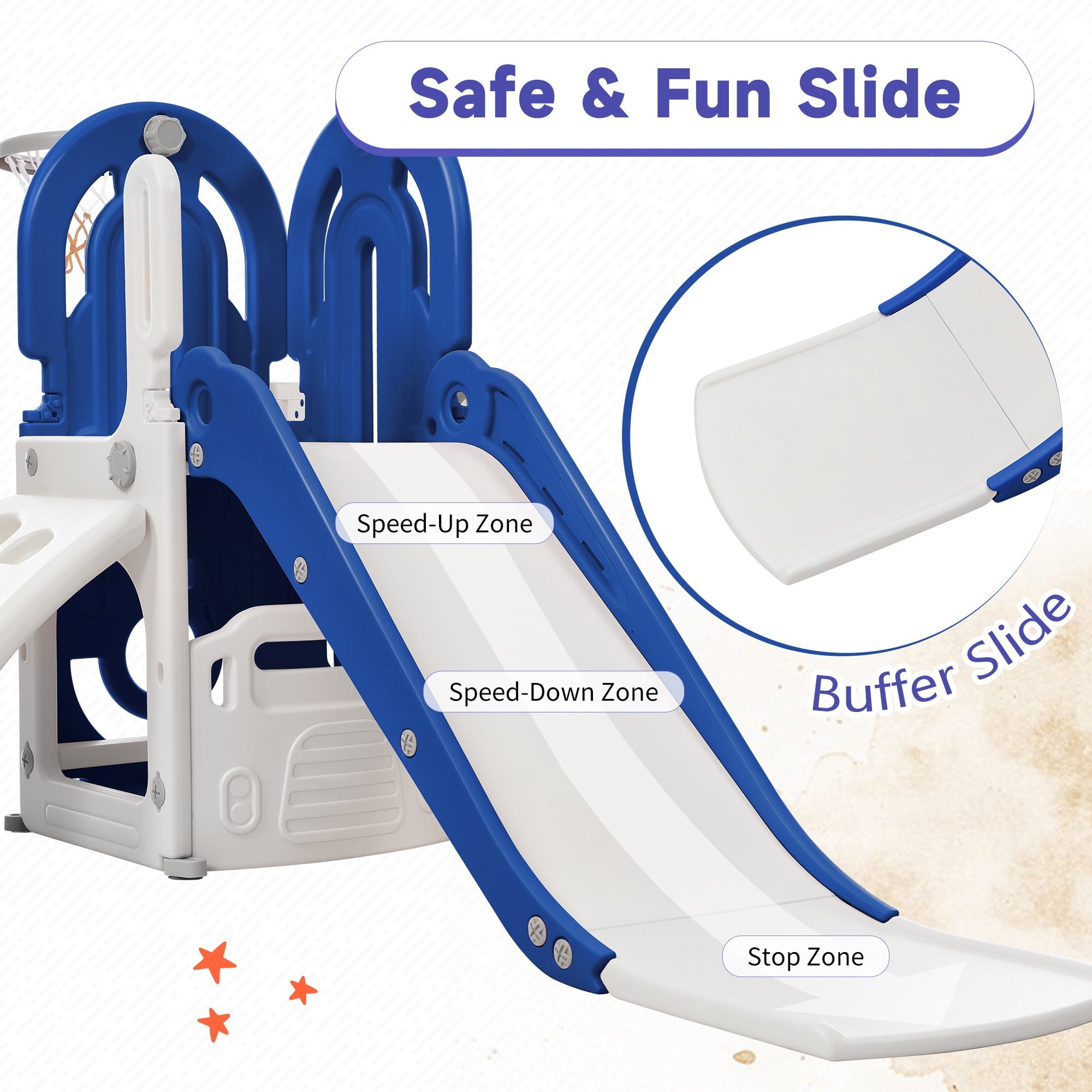4 in 1 Toddler Climber and Slide Set, Freestanding Kids Playground Set with Basketball Hoop and Hidden Storage Space, Play Combination for Indoor Outdoor, Blue