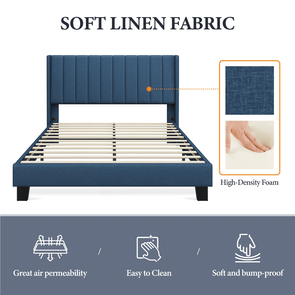 Topeakmart Queen Platform Bed with Upholstered Headboard & Mattress Foundation, Navy Blue