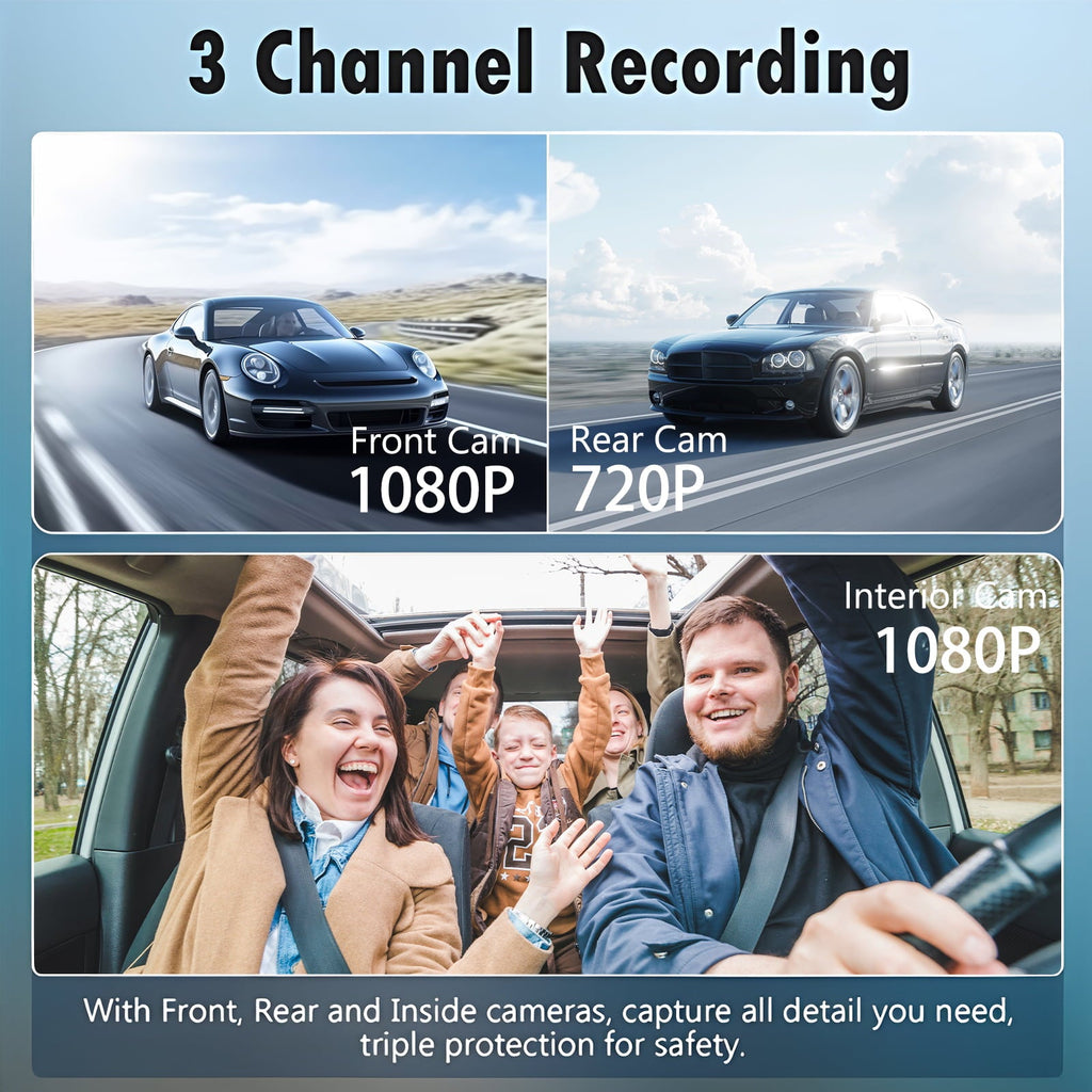 3 Channel Dash Cam Front and Rear Inside with 2" IPS Screen, 1080P Dashcam Three Way Triple Car Camera with IR Night Vision, Loop Recording, G-Sensor, Parking Monitor, 24 Hours Recording