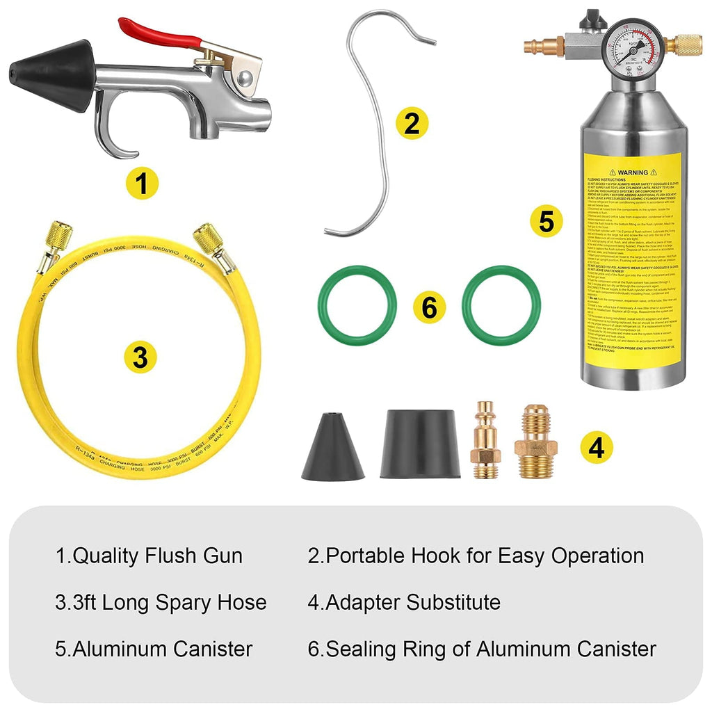 Furvclv AC Flush Kit, Car Air Conditioner System Clean Canister Flushing Tool Set Air Conditioning Pipe Cleaning Bottle for Auto R12 R22 R134A R404 R410A with 220PSI Gauge, Air Plug Fittings and Hose