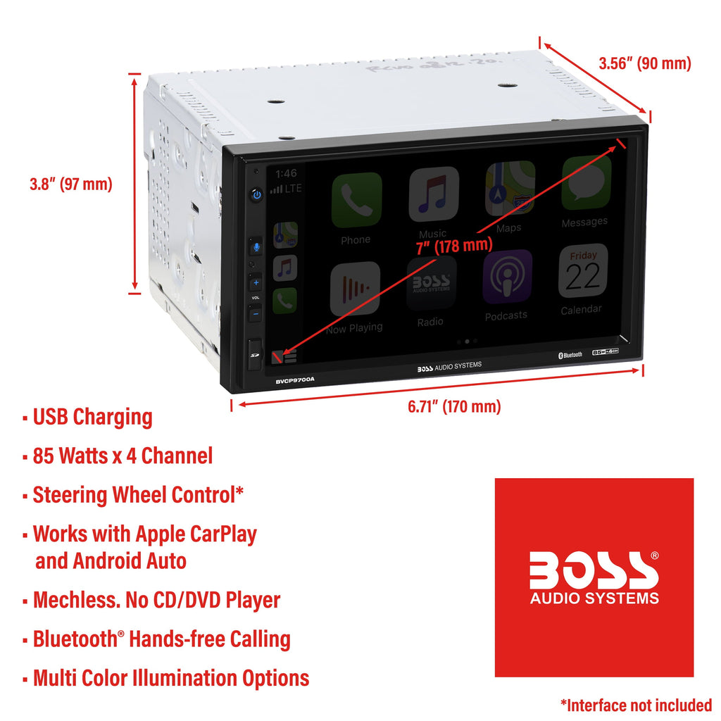 Restored Premium BOSS Audio Systems BVCP9700A Car Audio Stereo System Apple CarPlay, Android Auto, 7 inch Double Din, Touchscreen, Bluetooth Audio and Calling Head Unit, Radio Receiver (Refurbished)