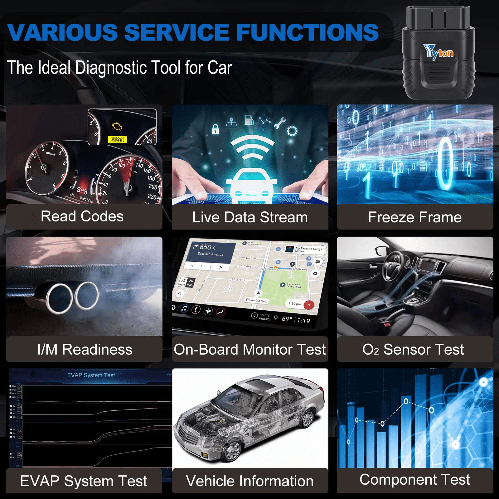 OBD2 Scanner Bluetooth, Yyton Car Code Reader for iPhone/Android/Windows, Car Diagnostic Scan Tool Check Engine Light, Car Scanner with Read Code&Emissions Test&Live Sensor Data