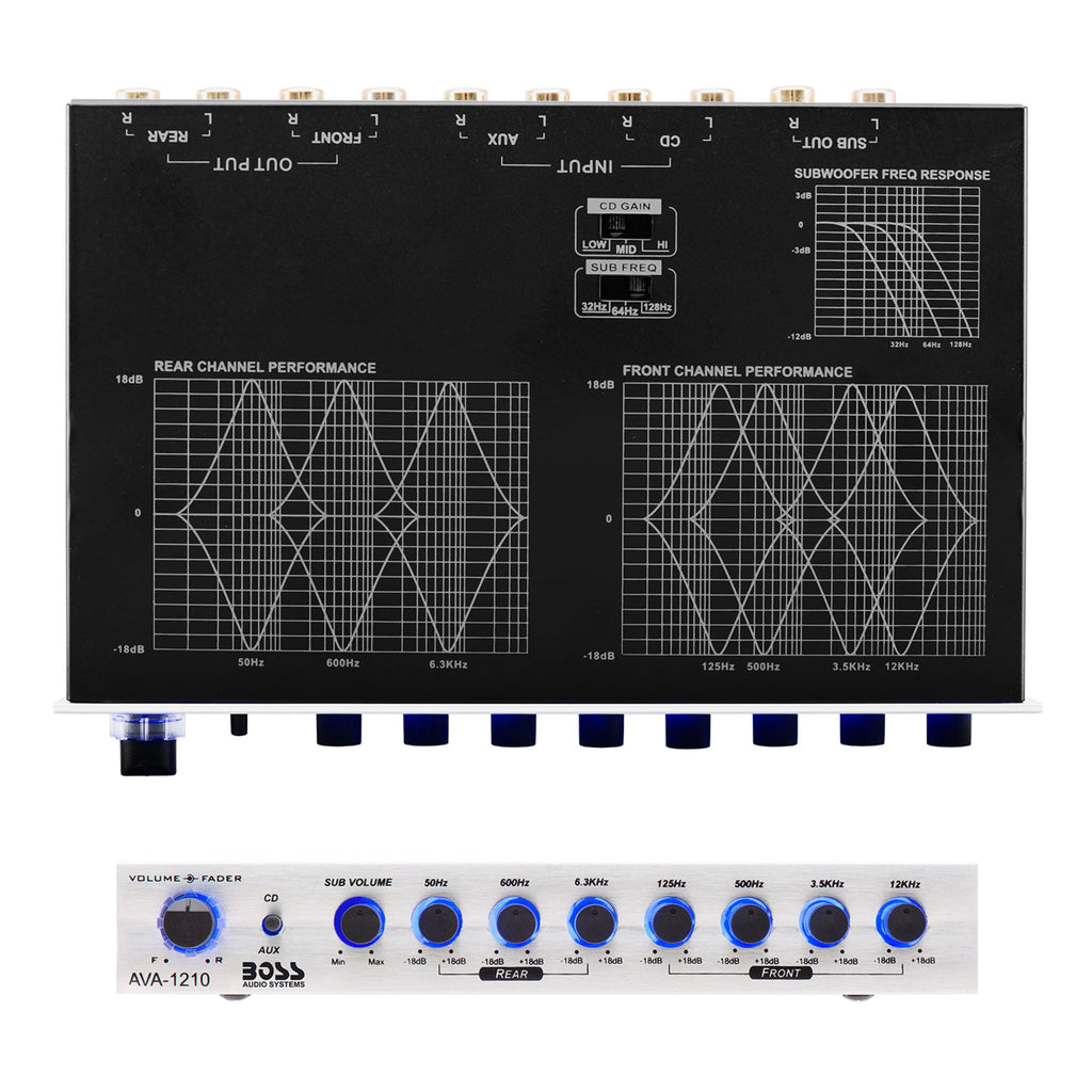 BOSS Audio Systems AVA1210 Car Audio Equalizer 7 Band Pre-Amp With Gold-Plated Front/Rear and Subwoofer Outputs, DPS Processor